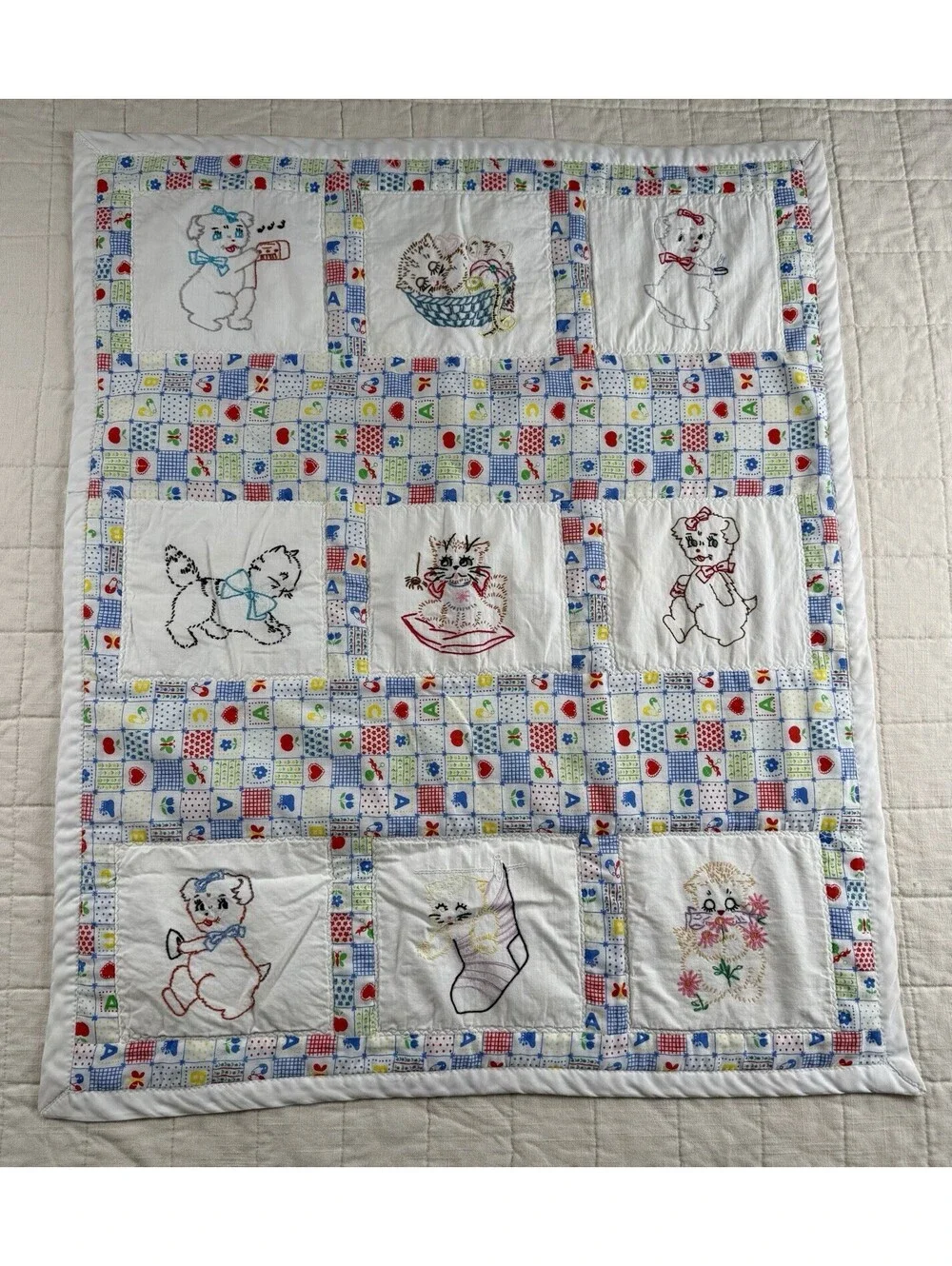 Vintage Handmade Baby Quilt Embroidered Kittens Cats Nursery 27x34 Patchwork